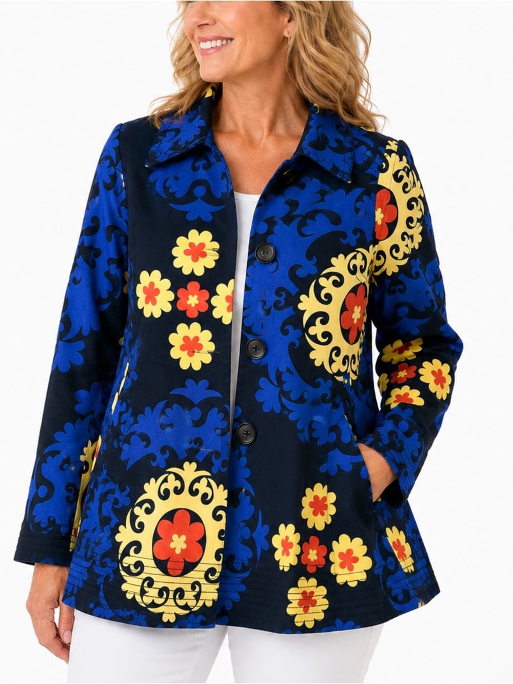Dice Chels Women’s Floral Print Cotton Jacket Coat Blue Black Size 6